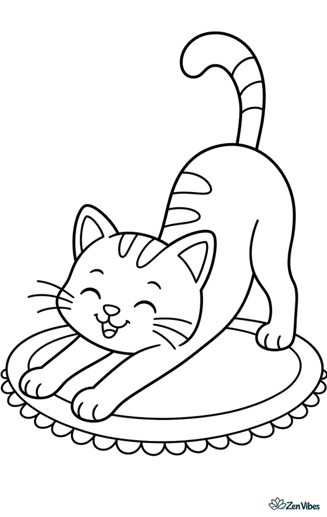 A cat doing a long stretch with its front legs forward and its back arched, tail high, on a rug