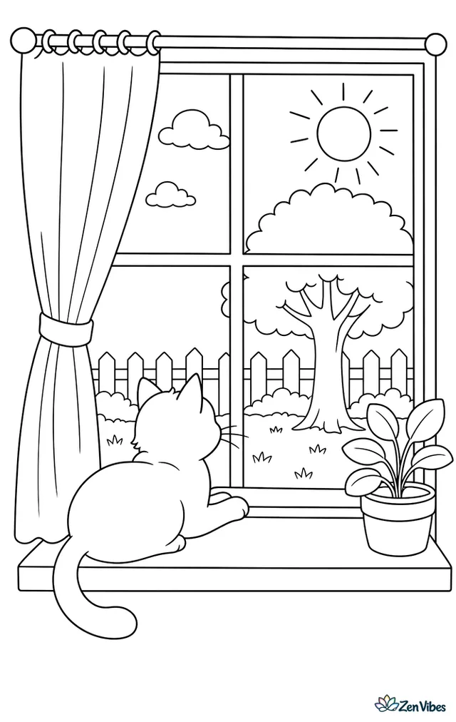 A cat lying along a window sill looking out at a tree and the sun, with a curtain to one side and a small plant pot