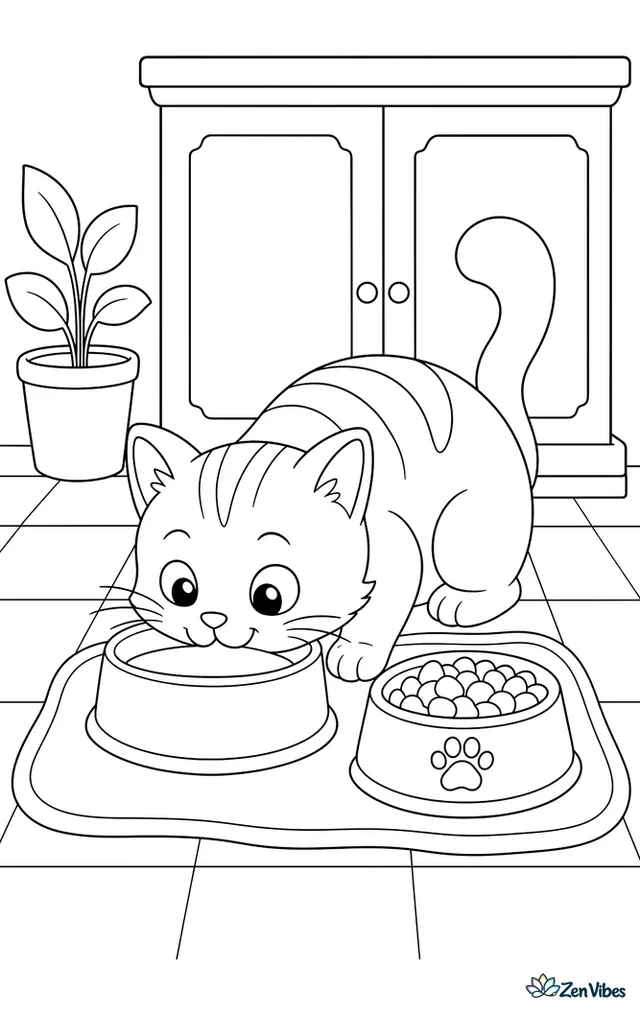 A cat crouched over a bowl on a kitchen floor with a food bowl beside it, a mat underneath, and the bottom of a cupboard behind