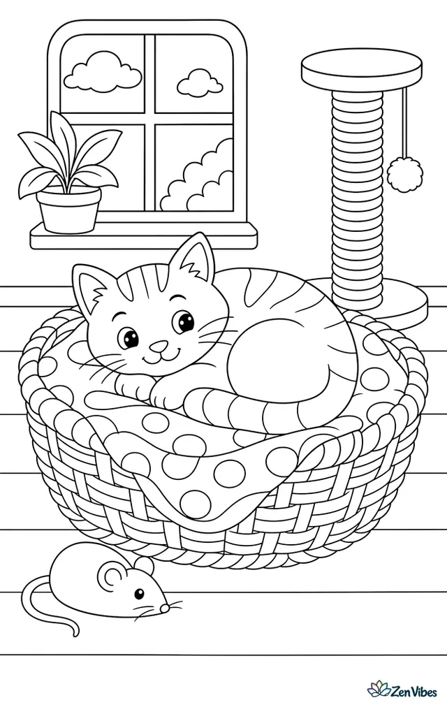A cat curled in a round wicker basket with a patterned blanket, next to a toy mouse and a scratching post