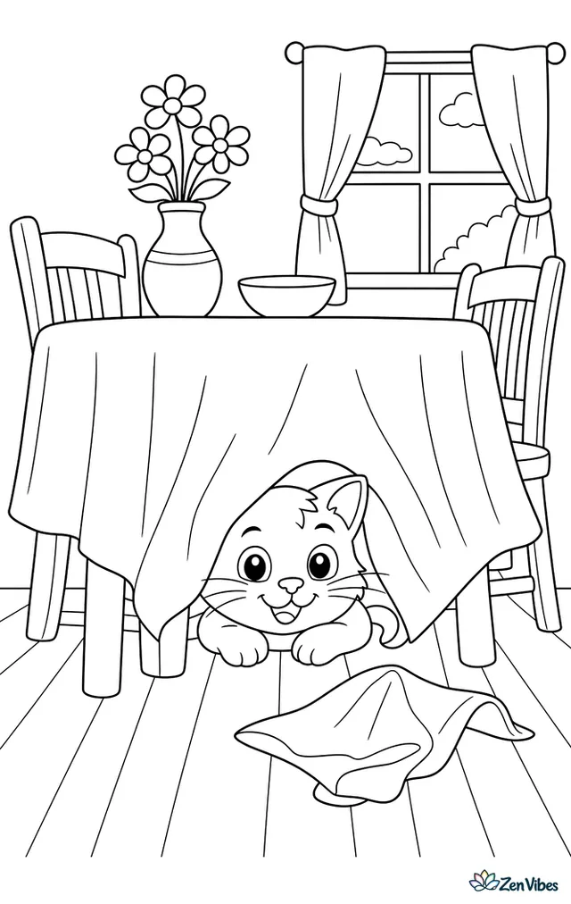 A cat peeking out from under a dining table with a tablecloth, chair legs, and a dropped napkin on the floor