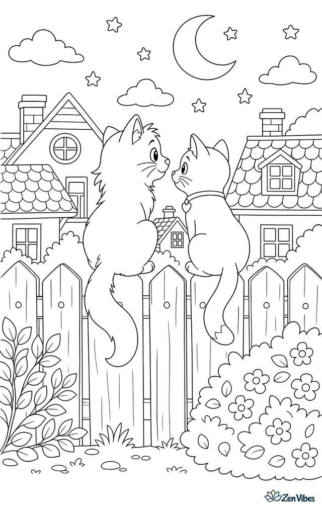 Two cats sitting on a garden fence at dusk with a crescent moon, a few stars, rooftops, and a bush below