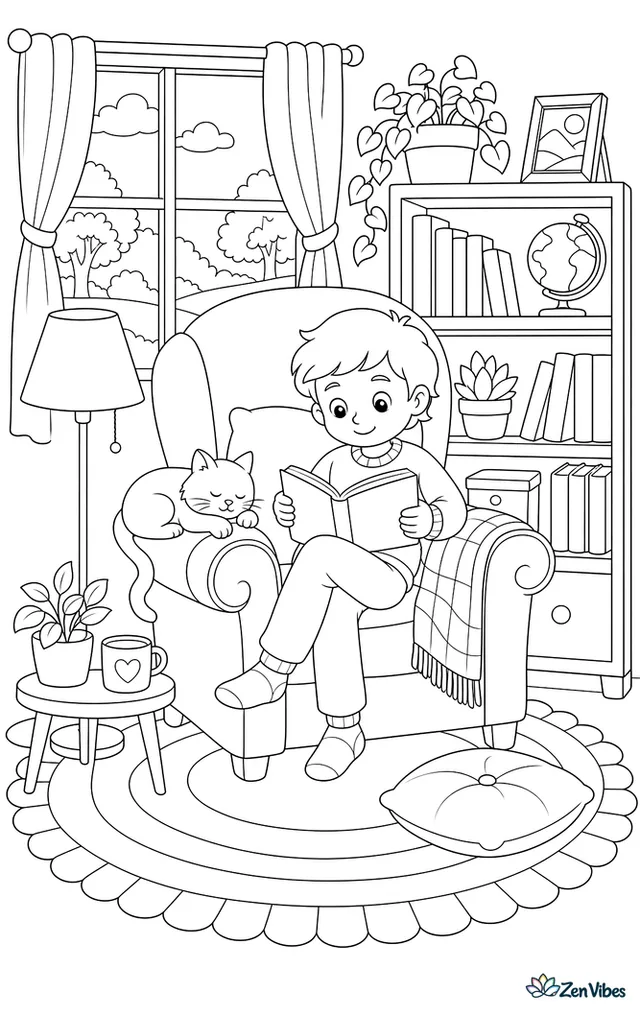 A cat asleep on the arm of a big armchair beside a child reading a book, with a lamp, a bookshelf, and a rug