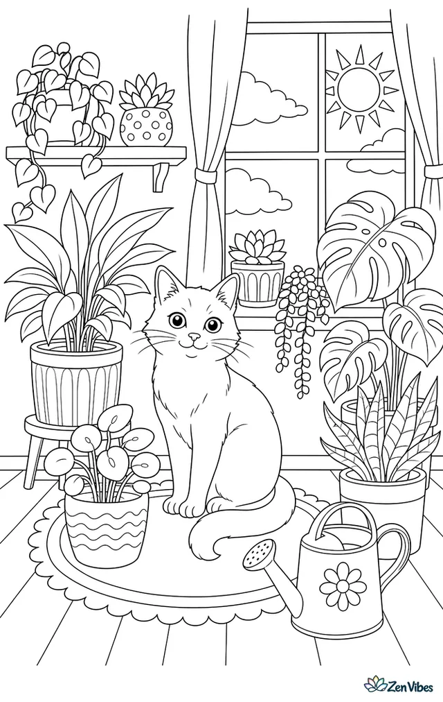 A cat sitting among several houseplants in pots of different sizes on a shelf and the floor, with a watering can and a sunny window