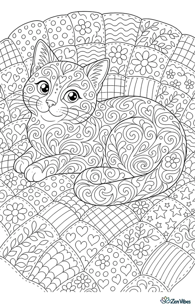 A cat lying on a quilt made of many patterned squares, with the cat's own coat drawn in swirling decorative patterns, filling the page