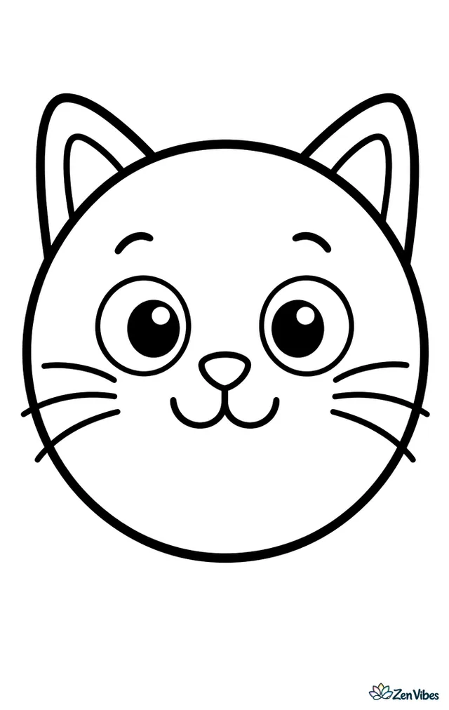 A big round cat face with pointy ears, long whiskers, and a small smile filling the page