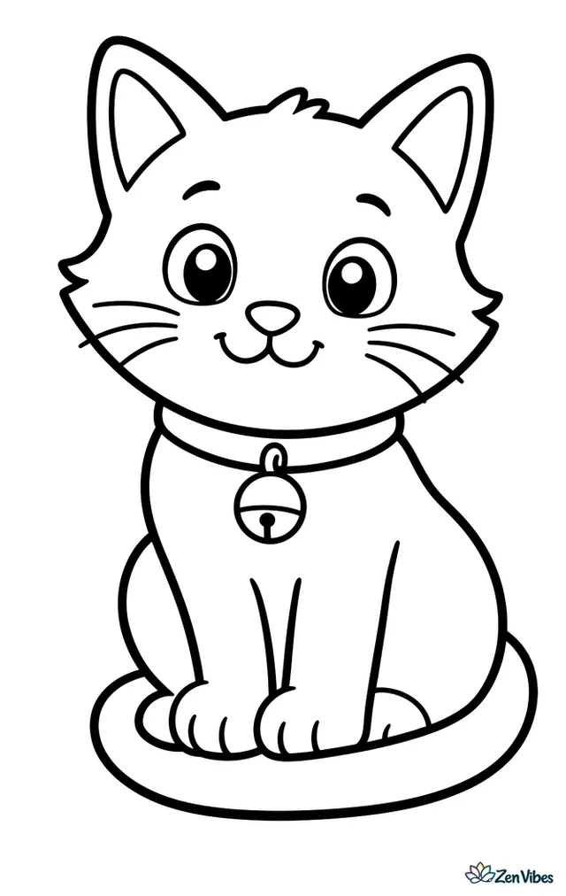 A cat sitting neatly with its tail wrapped around its paws, wearing a collar with a round bell
