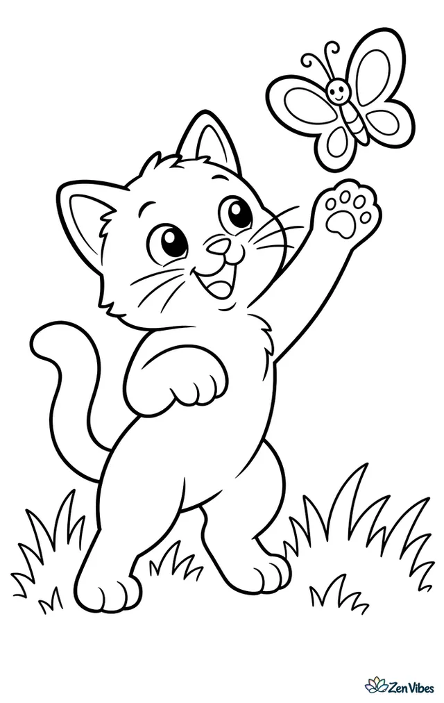 A cat on its hind legs swiping playfully at a butterfly above a patch of grass
