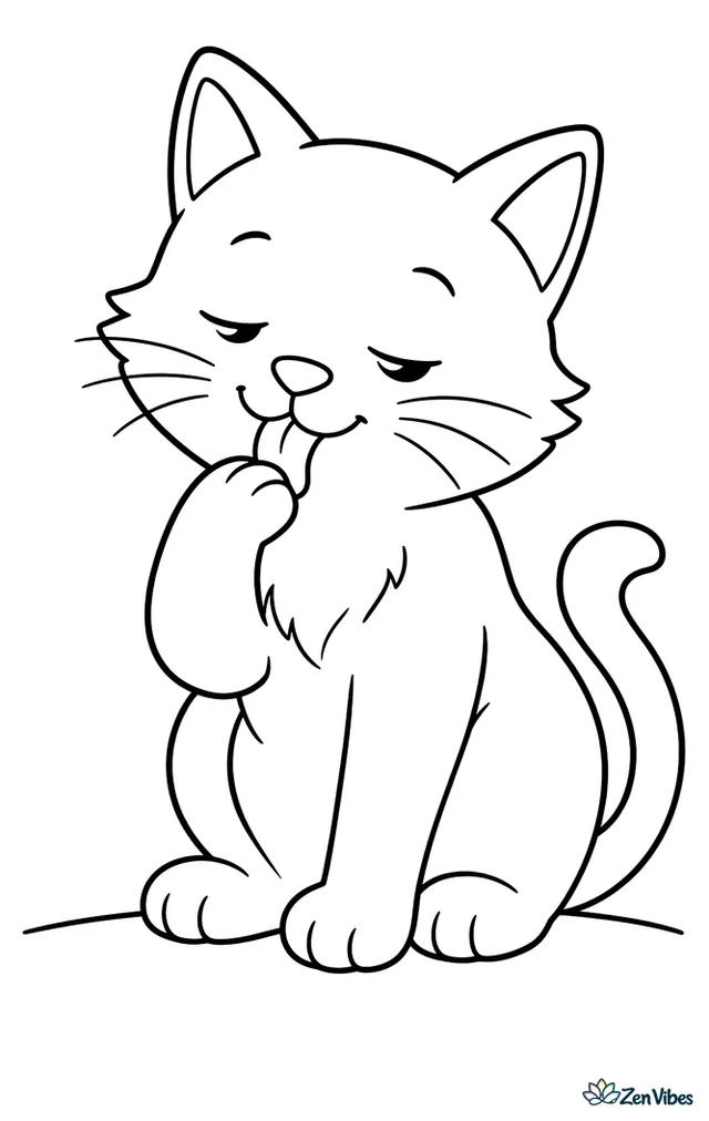 A cat sitting up and licking one raised paw with its eyes half closed