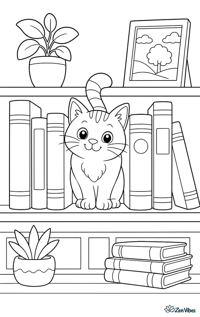 A cat squeezed between books on a shelf, with a small plant and a framed picture nearby