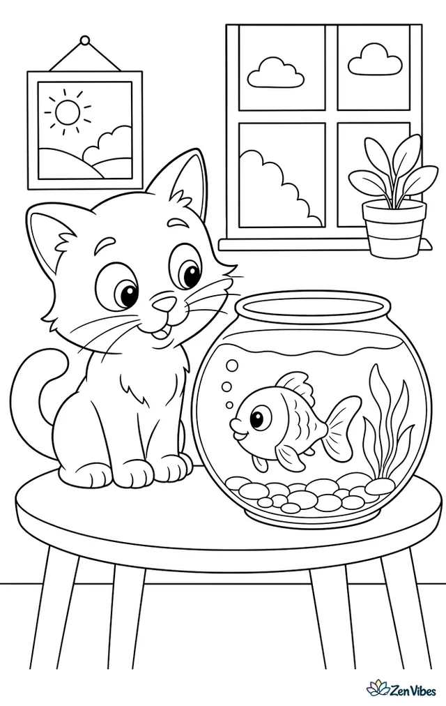 A cat with wide eyes watching a goldfish in a round bowl on a table