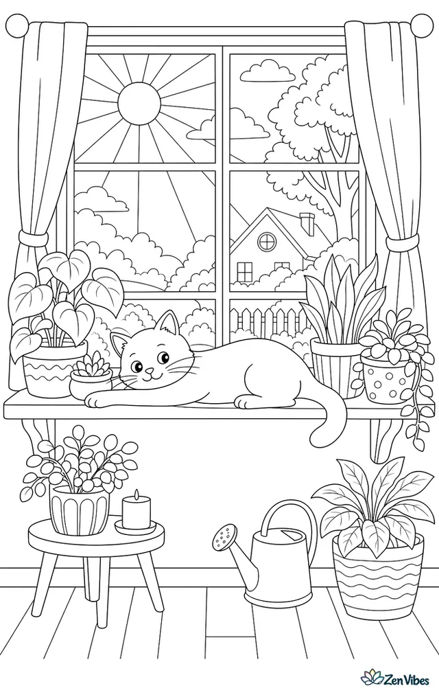 A cat stretched out on a wide windowsill among potted plants with sun rays through the glass