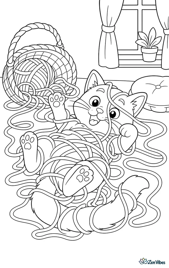 A cat lying on its back completely tangled in a long trail of yarn from a basket