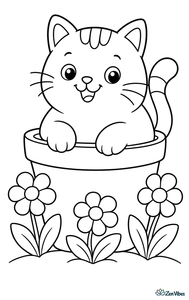 A chubby cat sitting inside a large terracotta flowerpot surrounded by a few flowers