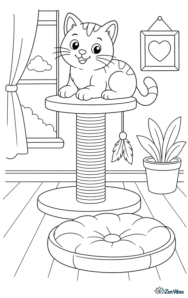 A cat perched on top of a tall scratching post with a dangling toy and a cushion below