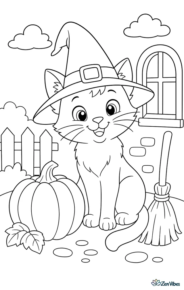 A cat wearing a tall pointed hat sitting next to a pumpkin and a small broom