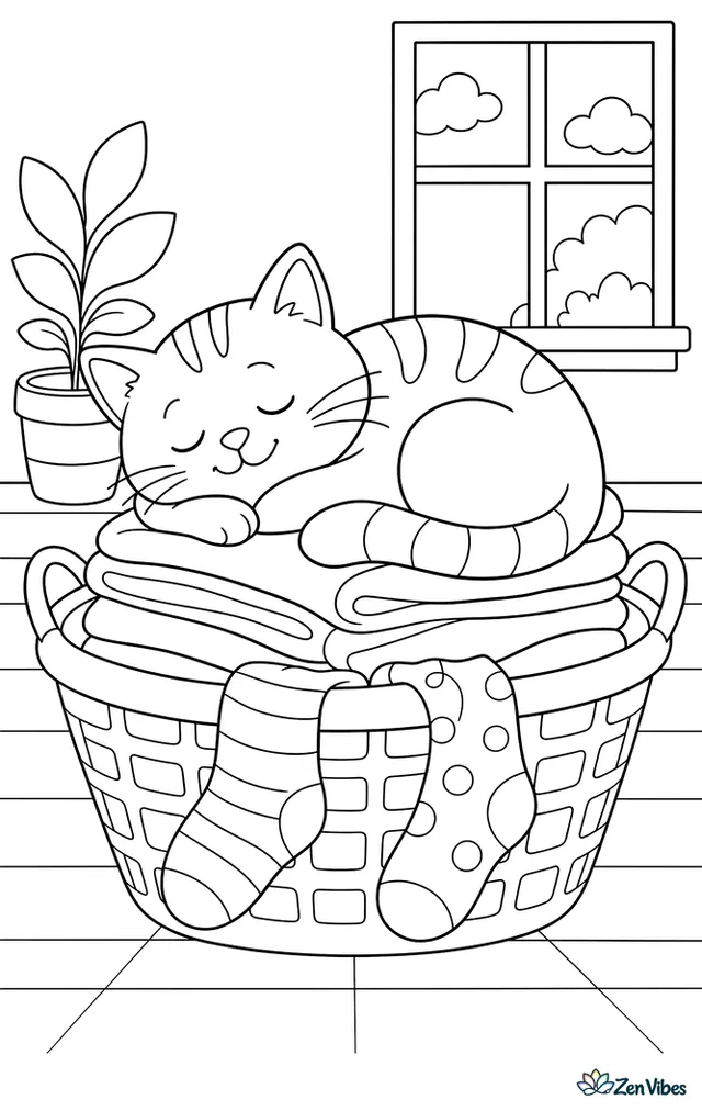 A cat curled up asleep on folded towels in a laundry basket with socks hanging over the edge