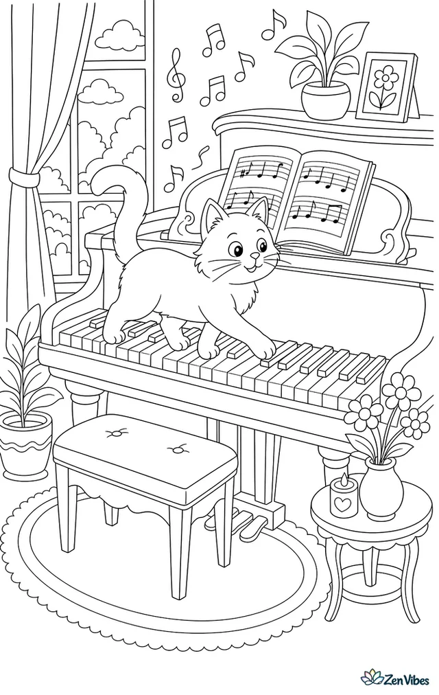 A cat walking across piano keys with music notes floating up and sheet music on the stand