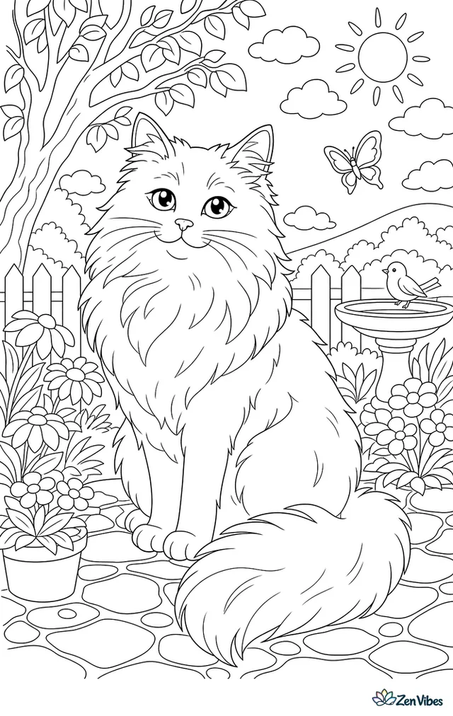 A fluffy long-haired cat sitting proudly with a thick ruff of fur and a bushy tail