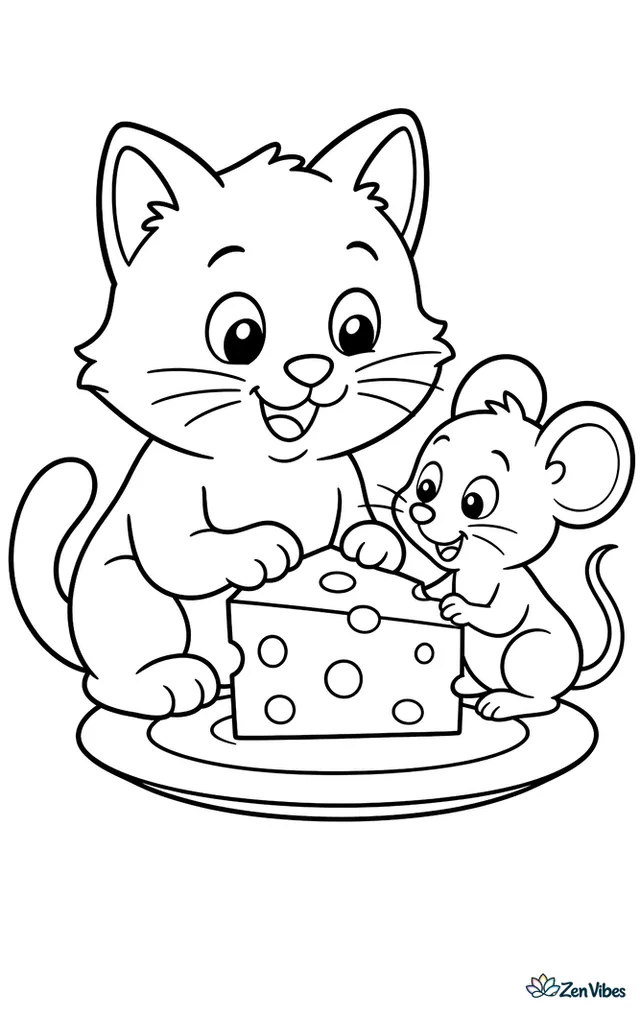 A cat and a small mouse sitting together sharing a wedge of cheese on a plate