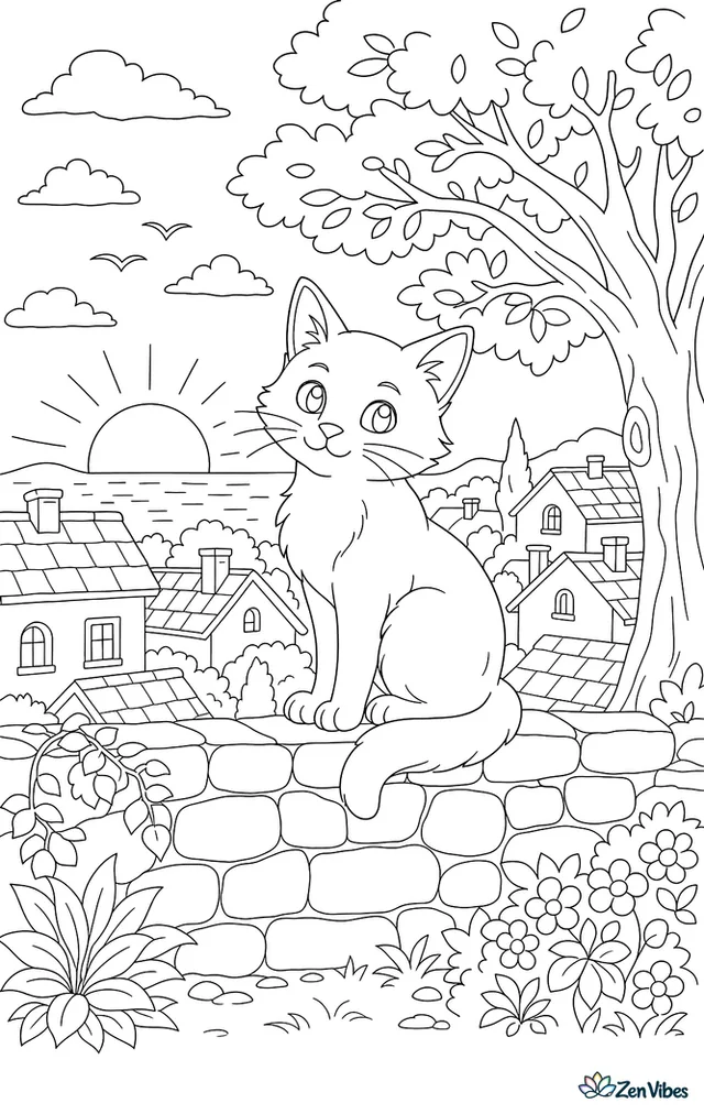 A cat sitting on a stone wall with a setting sun, rooftops, and a tree behind