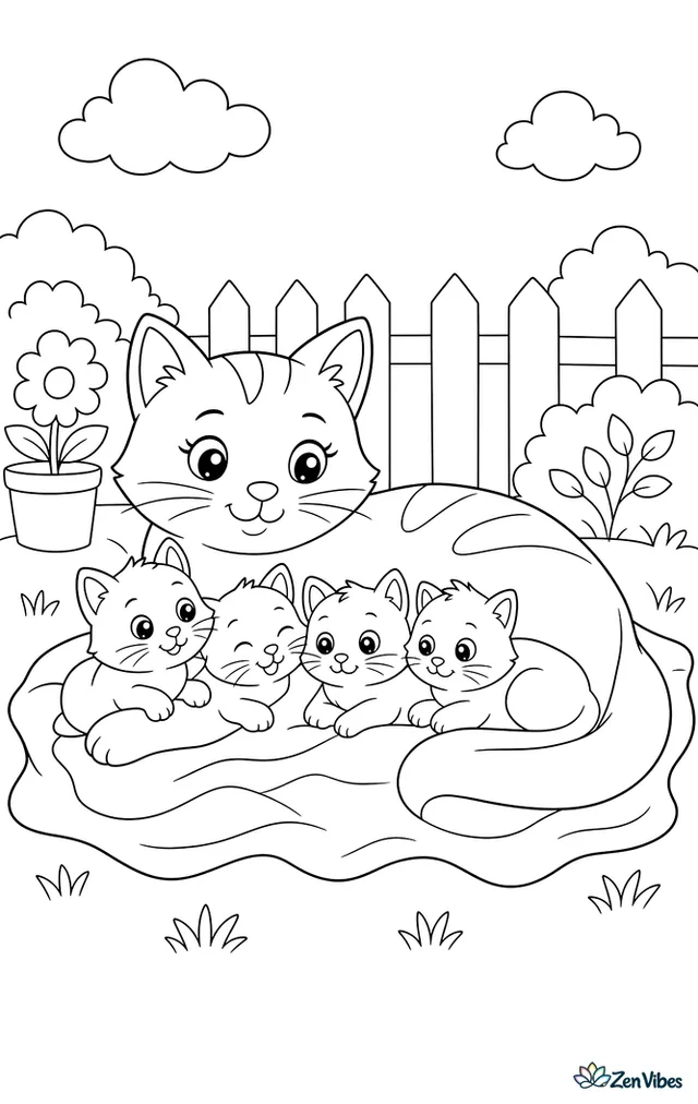 A mother cat lying on a blanket with four kittens snuggled against her