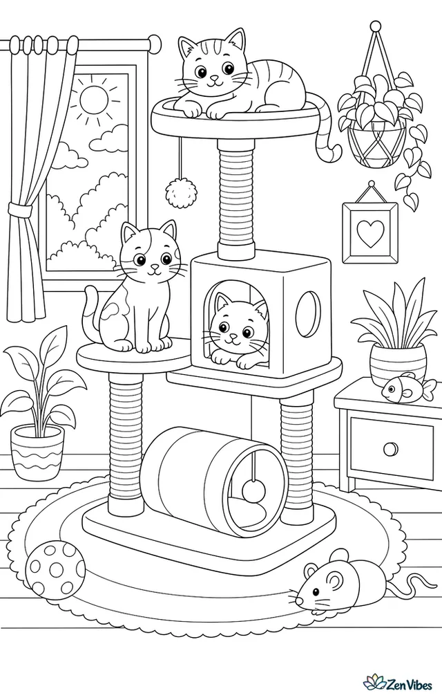 A tall cat tree with three cats on different levels, a hanging toy, and a tunnel at the bottom