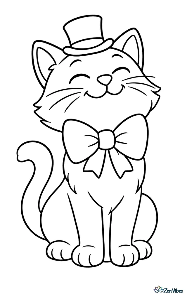 A sitting cat wearing a big bow tie and a tiny top hat, looking very proud