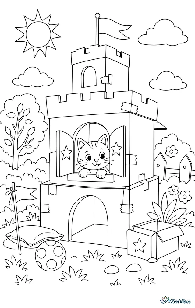 A cat looking out of a window of a castle made from cardboard boxes with a paper flag on top