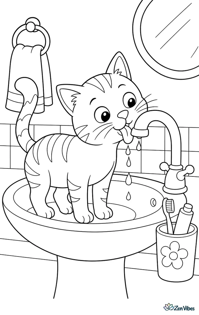 A cat standing in a bathroom sink drinking from a dripping tap, with a toothbrush cup nearby