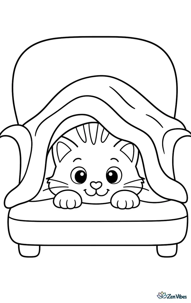 A cat peeking out from under the edge of a blanket on a sofa with only its face and paws showing