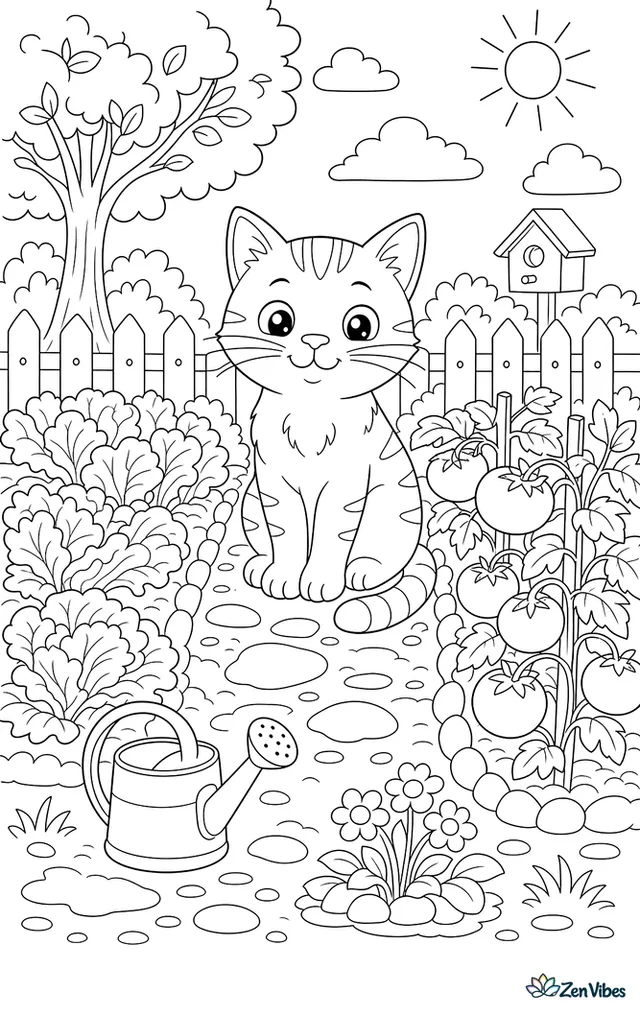 A cat sitting between rows of lettuce and tomato plants with a watering can and a small fence