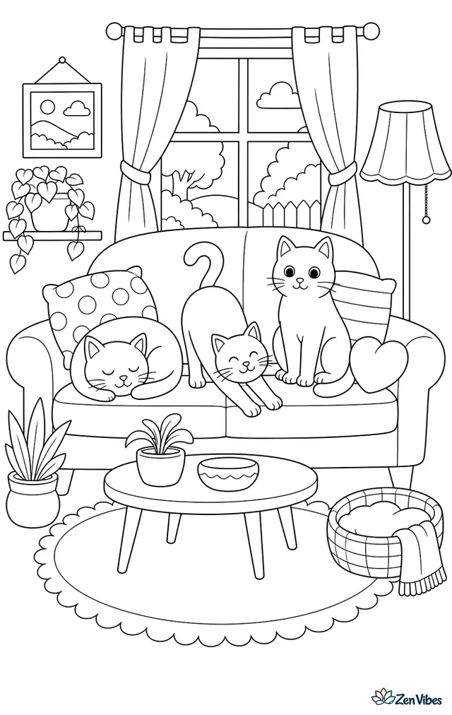 Three cats of different shapes sharing a sofa: one asleep, one stretching, one sitting upright, with cushions and a lamp