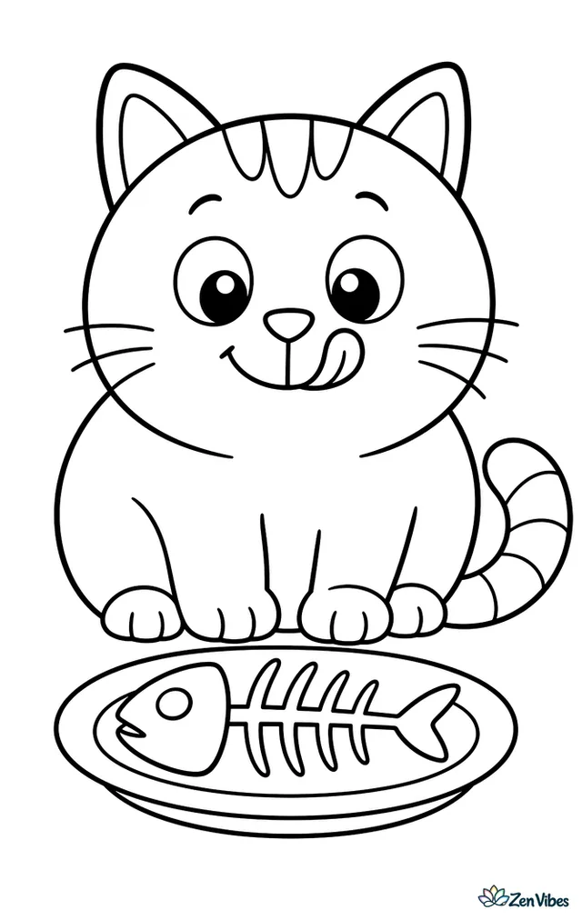 A round cat sitting next to a fish skeleton on a plate, licking its lips