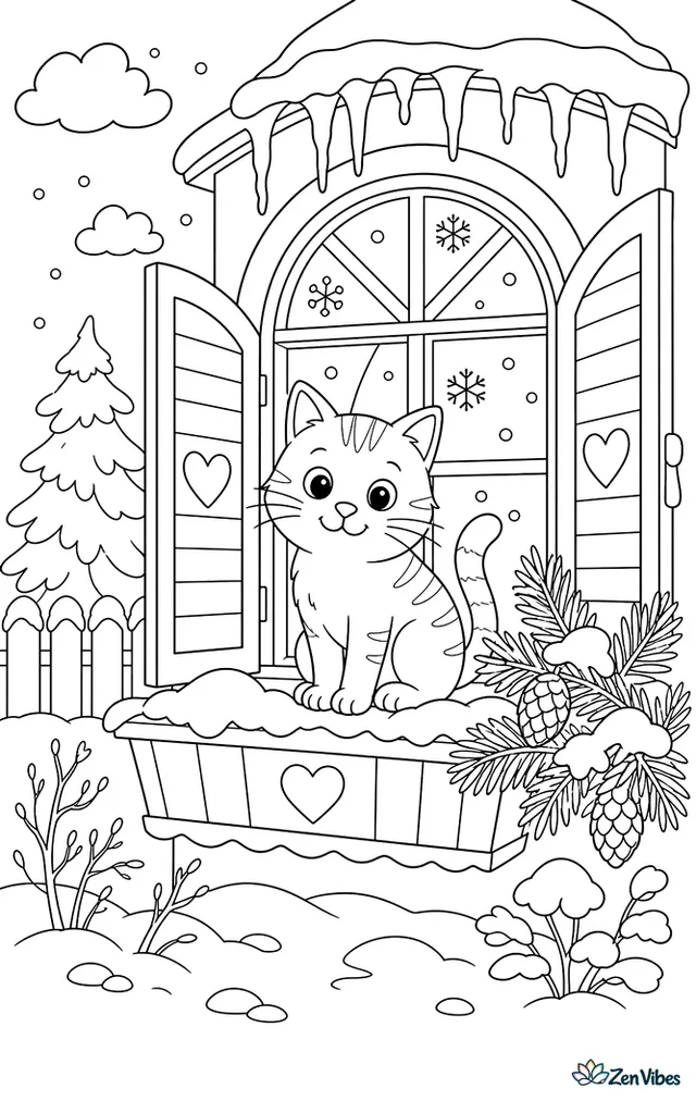 A cat sitting in a window box with snow on the sill, icicles above, and a pine branch beside it