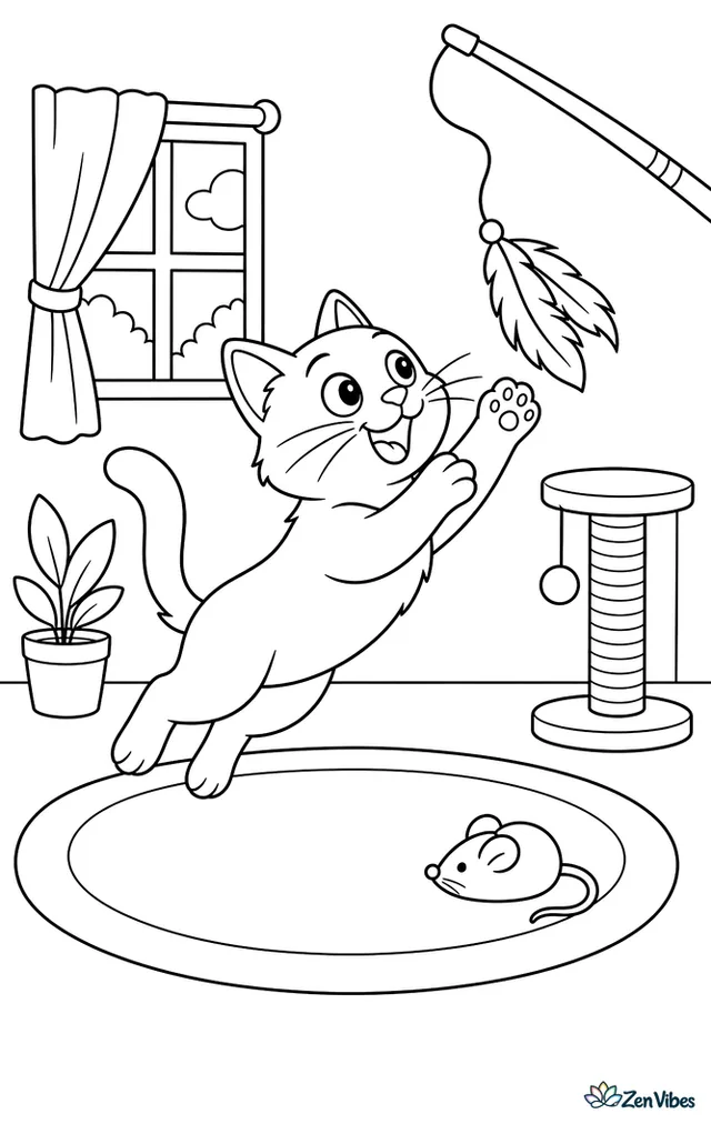 A cat leaping after a feather toy on a string held above it, a rug and a toy mouse on the floor