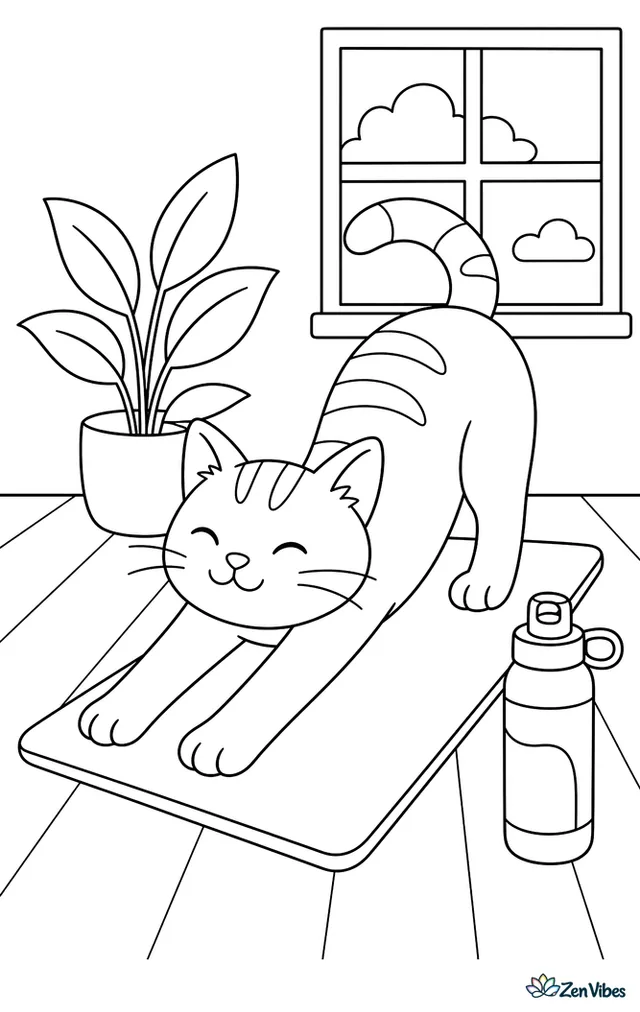A cat in a long stretch on a yoga mat next to a person's water bottle and a plant