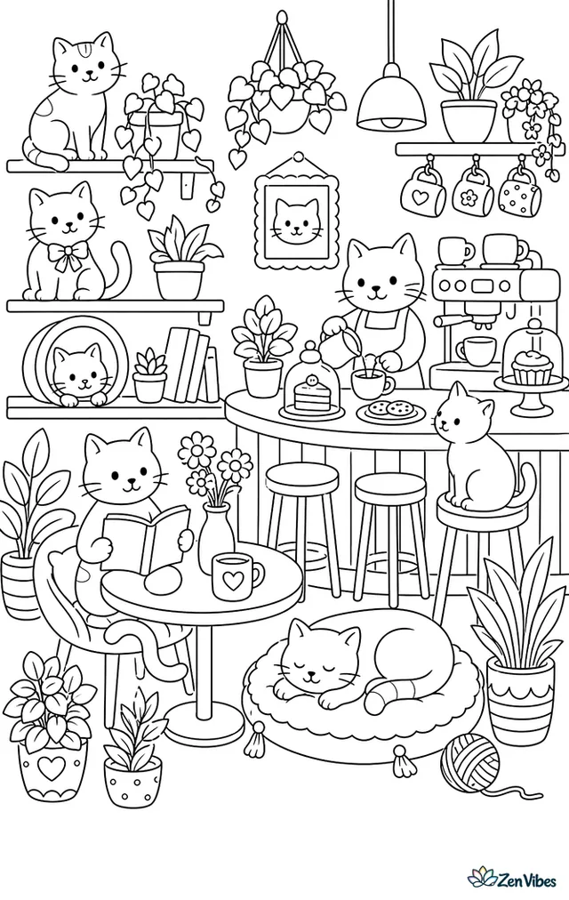 A cozy cafe with cats on shelves, a counter with cups, a customer reading, and a sleeping cat on a cushion