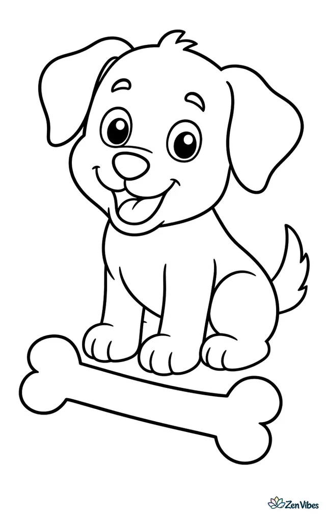 A small puppy sitting next to a large bone lying on the ground