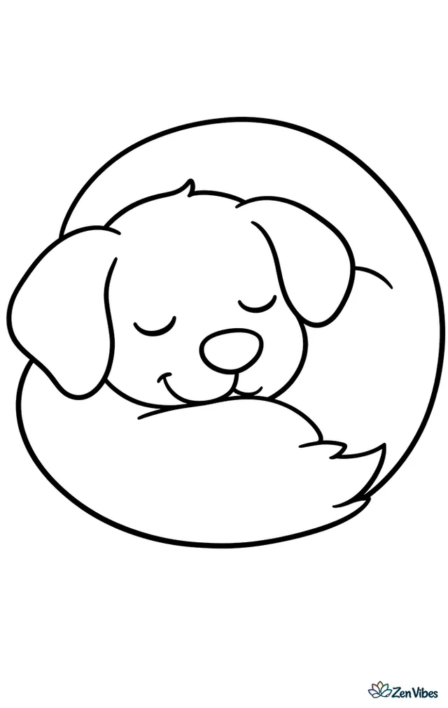 A dog curled into a circle with its head resting on its tail and eyes closed