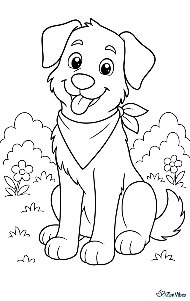 A sitting dog wearing a triangular bandana around its neck