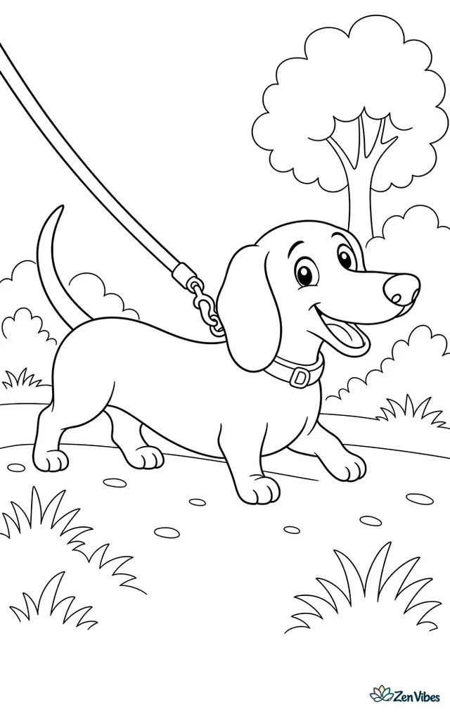 A long low dog with short legs walking on a leash held from off the page
