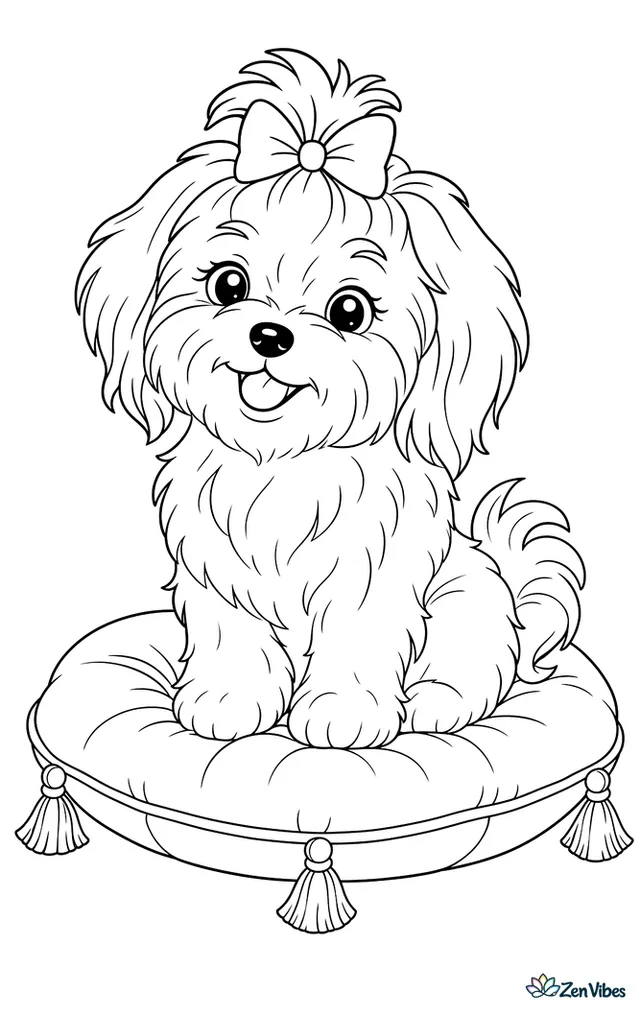 A small fluffy dog with a bow on top of its head, sitting on a cushion
