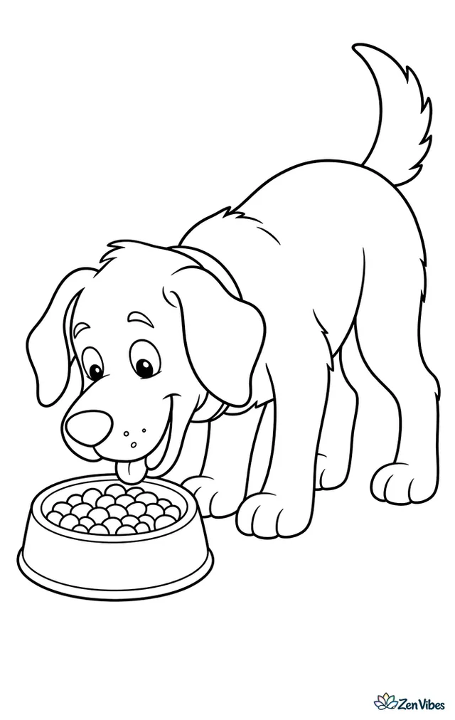 A dog standing with its head lowered toward a food bowl on the floor