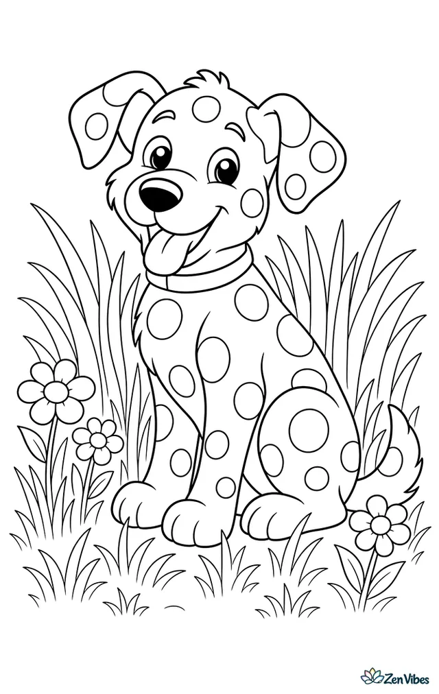 A dog with large round spots sitting in tall grass with a few flowers