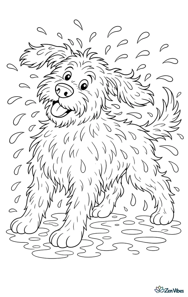 A shaggy dog shaking with water drops flying out from its coat