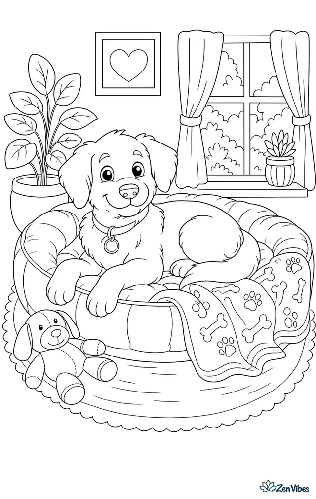 A dog lying in a round pet bed with a blanket and a toy beside it