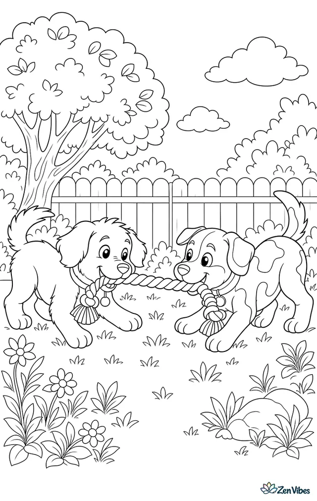 Two puppies facing each other and pulling on the ends of a rope toy