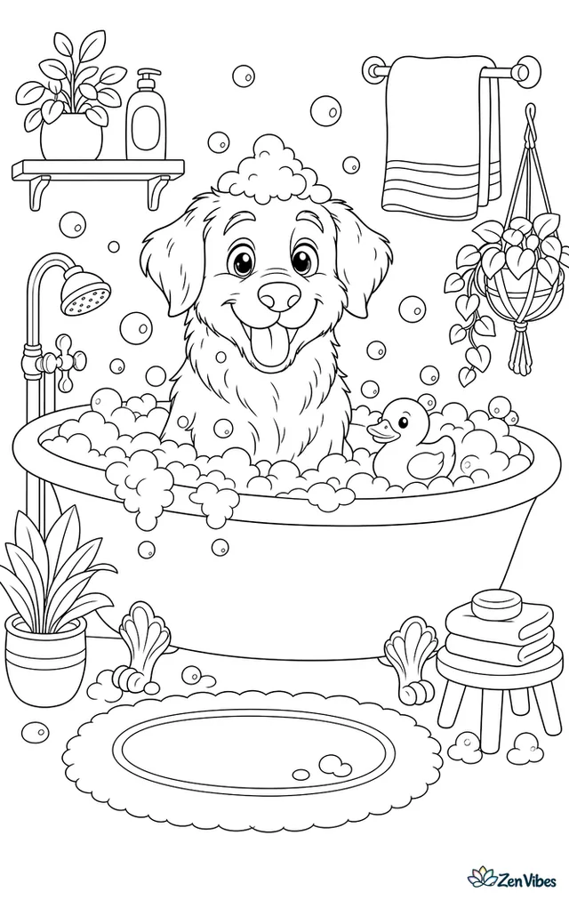A dog sitting in a tub full of bubbles with a rubber duck floating nearby