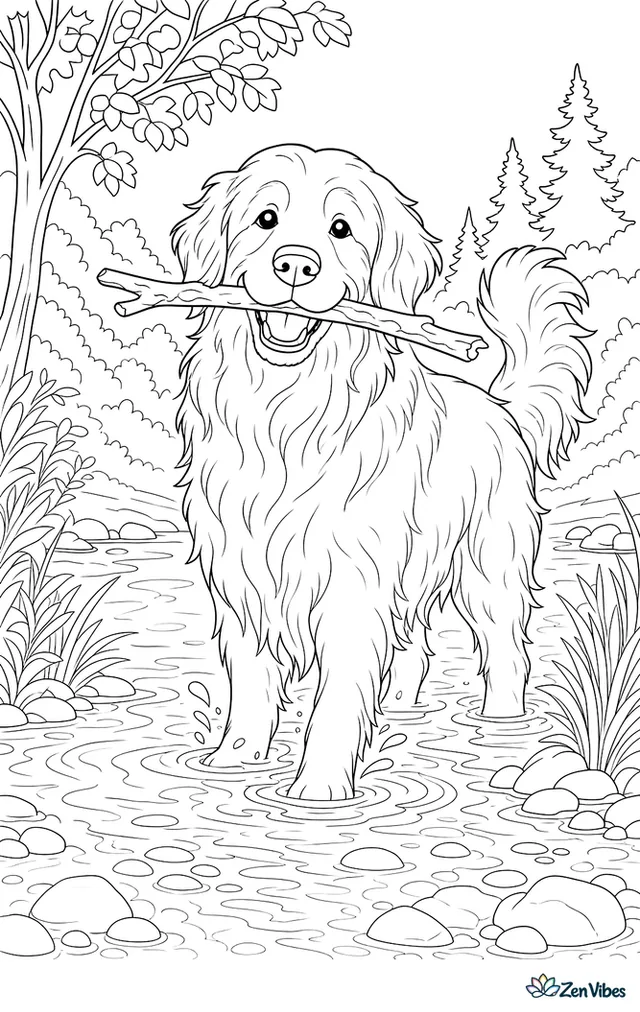A large dog with a long coat holding a stick in its mouth and standing in shallow water